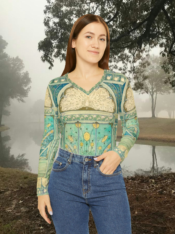 Long Sleeve Woman's V-neck Shirt with Art Nuevo Peacock and Herons pattern