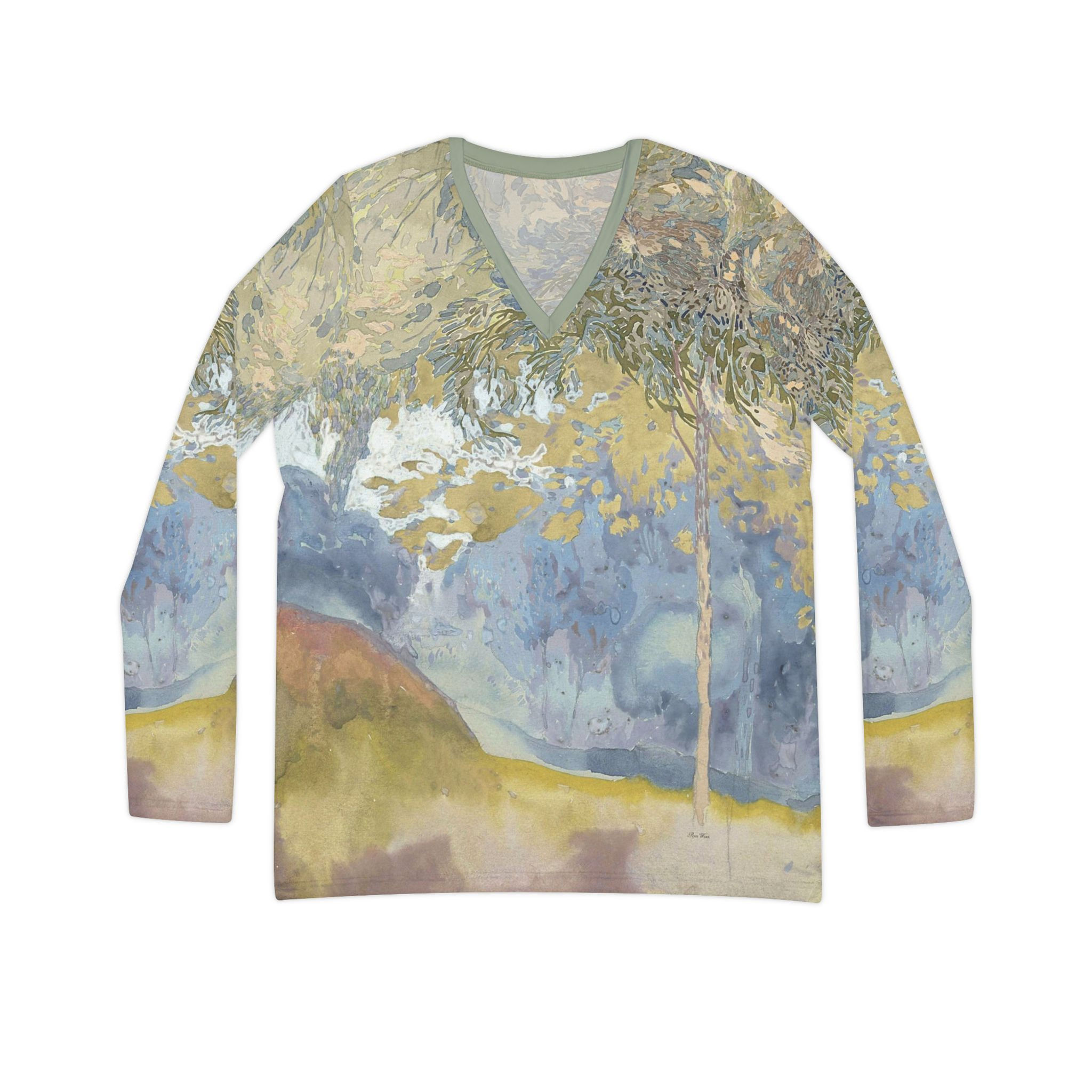 Watercolor Landscape Women's Long Sleeve V-neck Shirt (8 sizes)