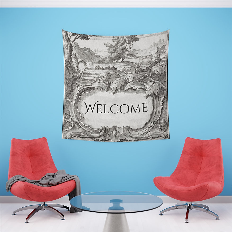 Thumbnail: French Toile Cartouche: Welcome - Printed Wall Tapestry (5 sizes)