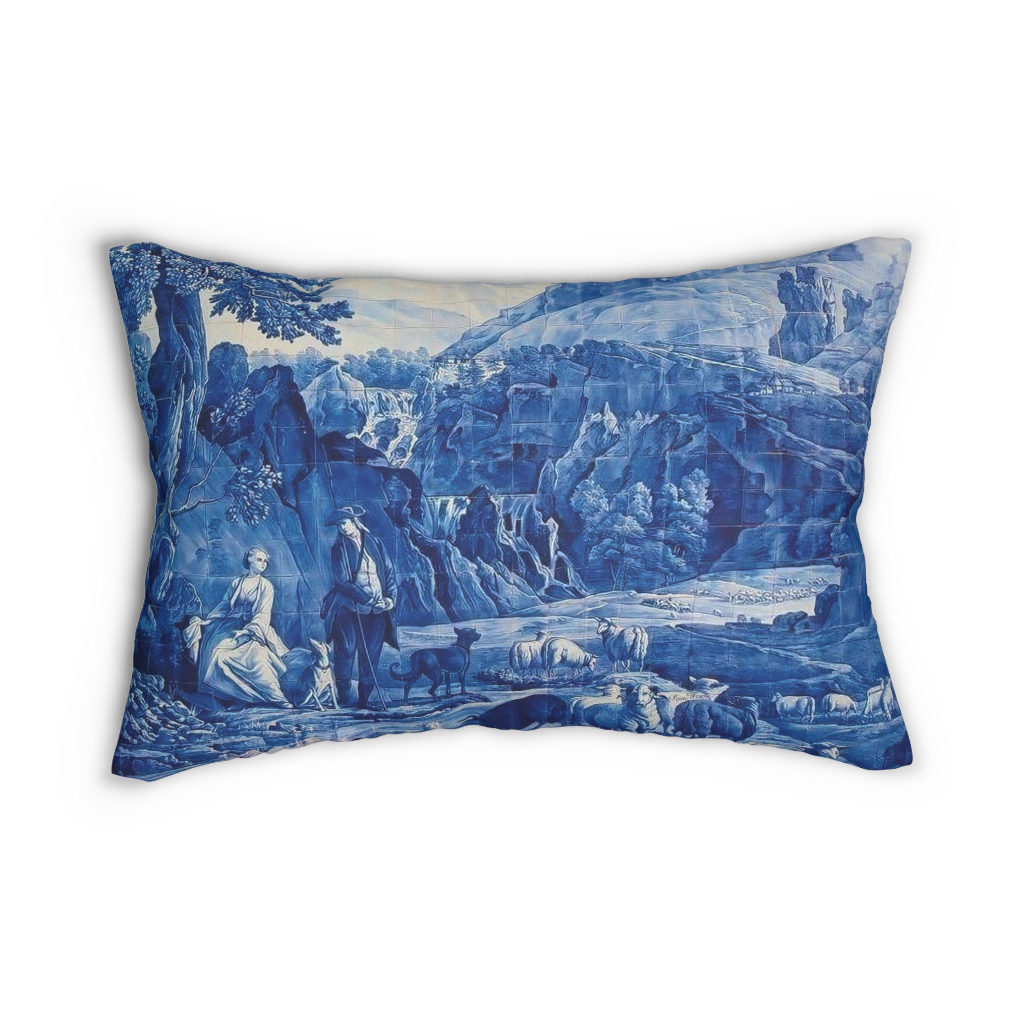 Blue and White Delft Tile Tolile Landscape Lumbar Pillow, Decorative Cushion