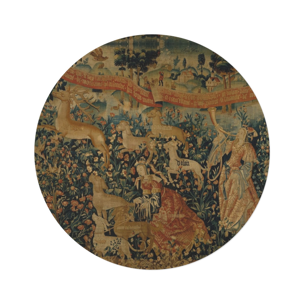 French Tapestry with Red Ribbon Round Rug