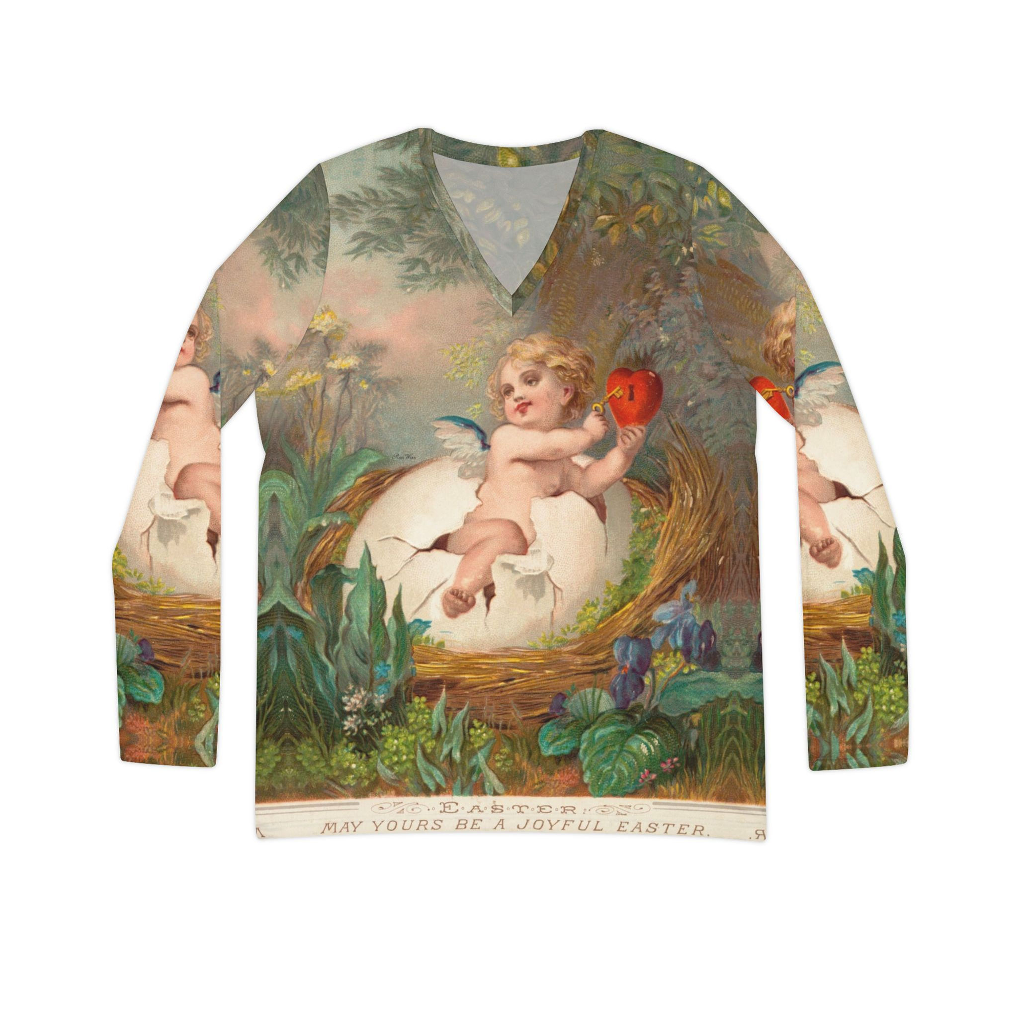 Joyful Easter Vintage V-Neck Long Sleeve Shirt for Women (8 Sizes)