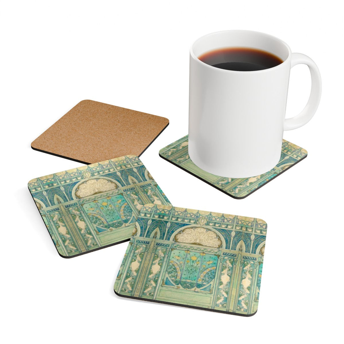 Peacock and Herons Corkwood Coaster Set of 4