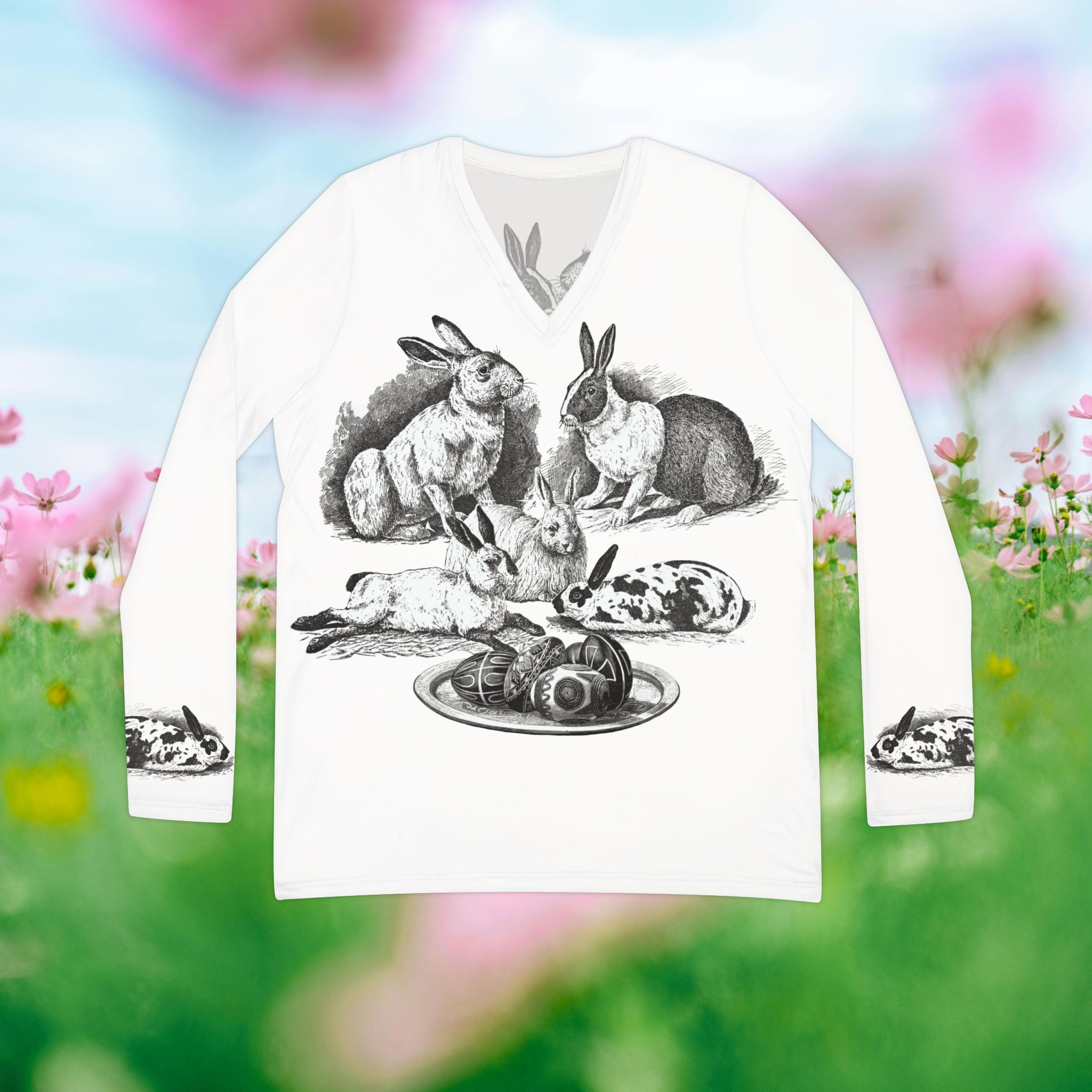 Vintage Rabbit Print Women's Long Sleeve V-Neck Shirt (8 Sizes)