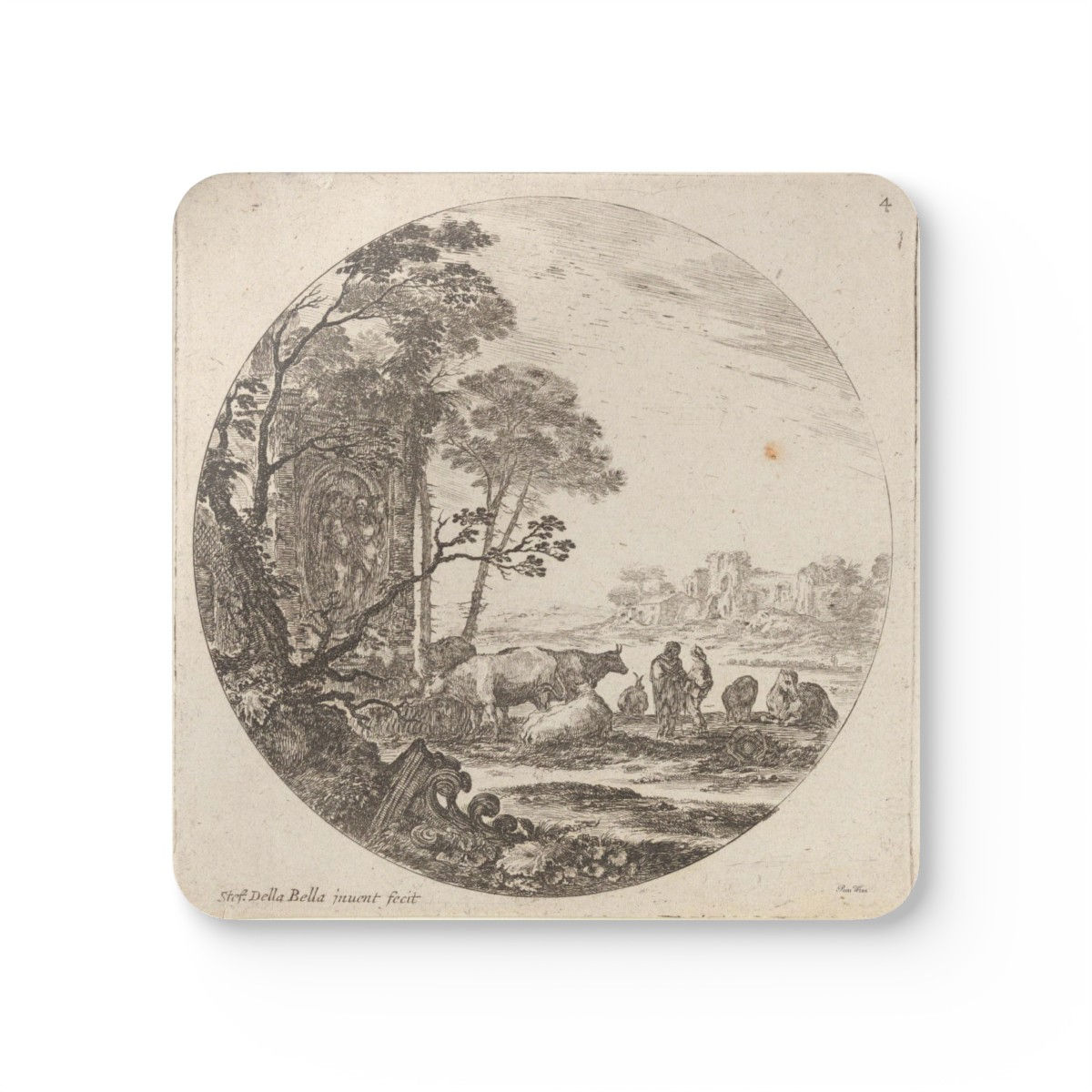 French Toile Vignette Corkwood Coaster Set