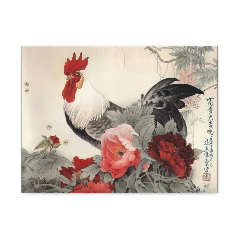 Thumbnail: Rooster and Rose Antique Japanese Art Canvas Gallery Wraps (7 sizes)