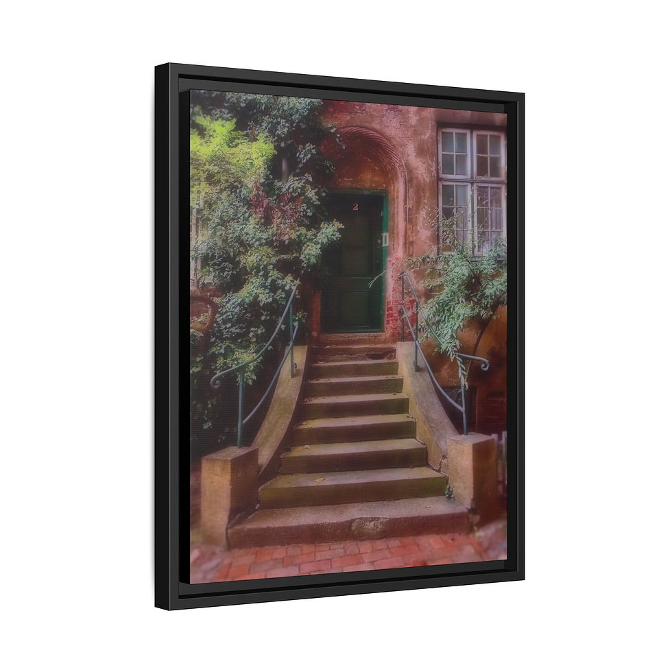 Thumbnail: Old Lübeck Townhouse Framed Matte Canvas Print — Vintage Brick Stairway Wall Art