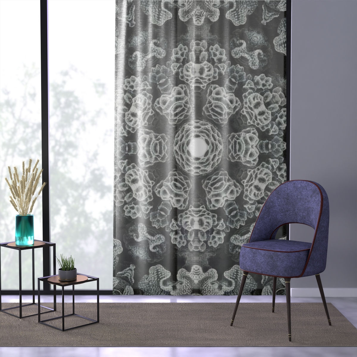 Black And White Coral Semi Sheer Window Curtain