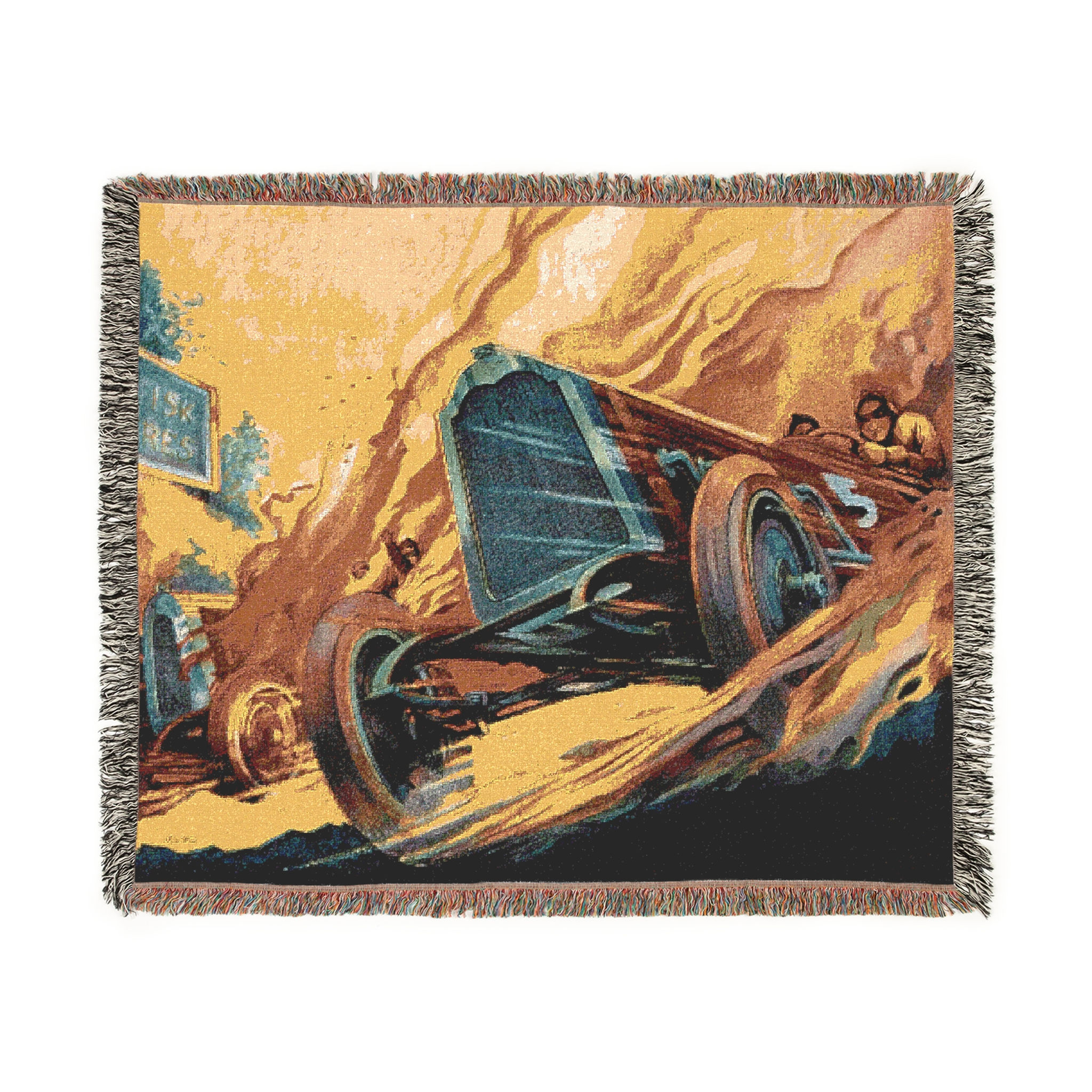 Vintage Racer in Flames Woven Blanket - Cozy Throw for Car Enthusiasts (2 sizes)