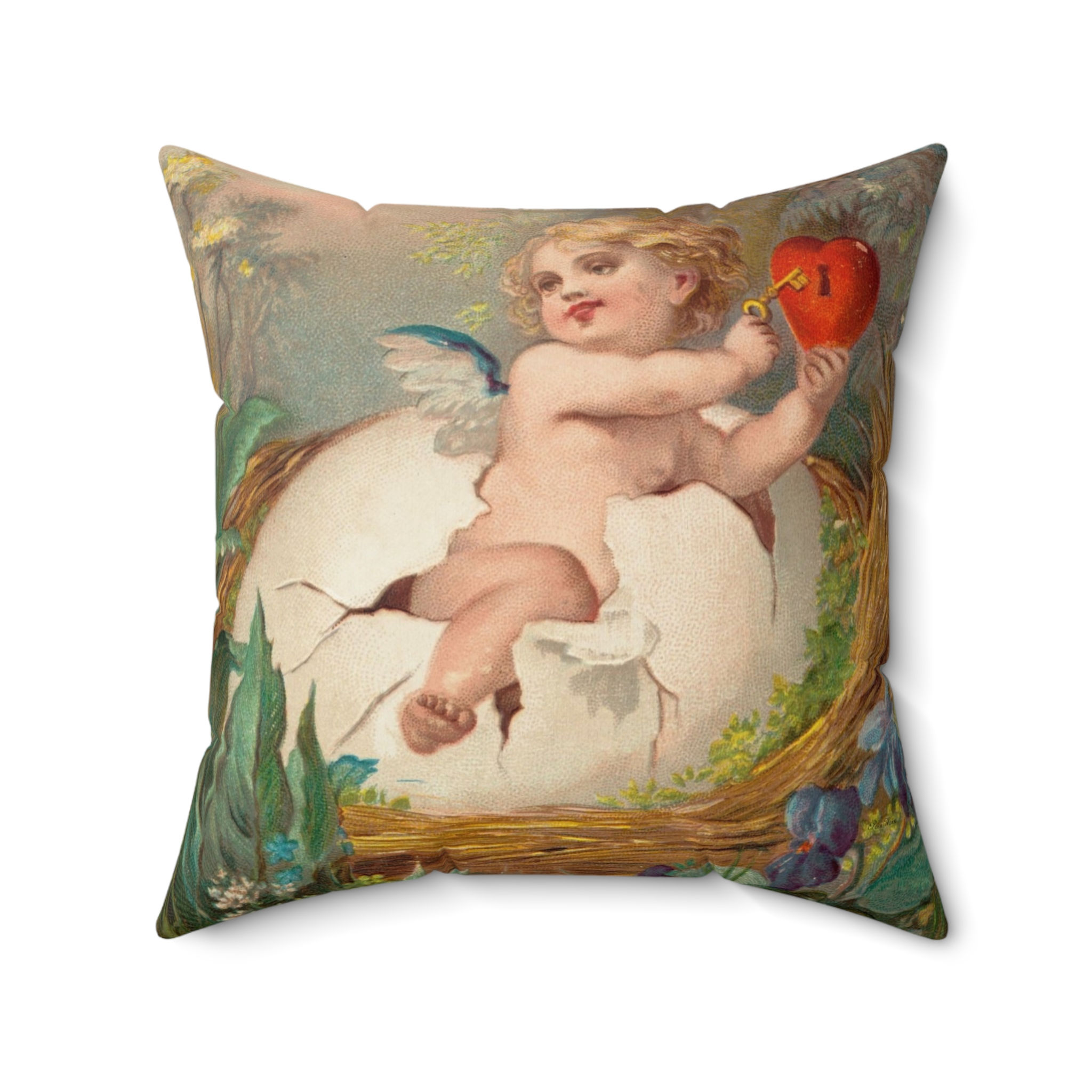 Romantic Vintage Easter Cherub Hatchling: Faux Suede Square Pillow (4 sizes)