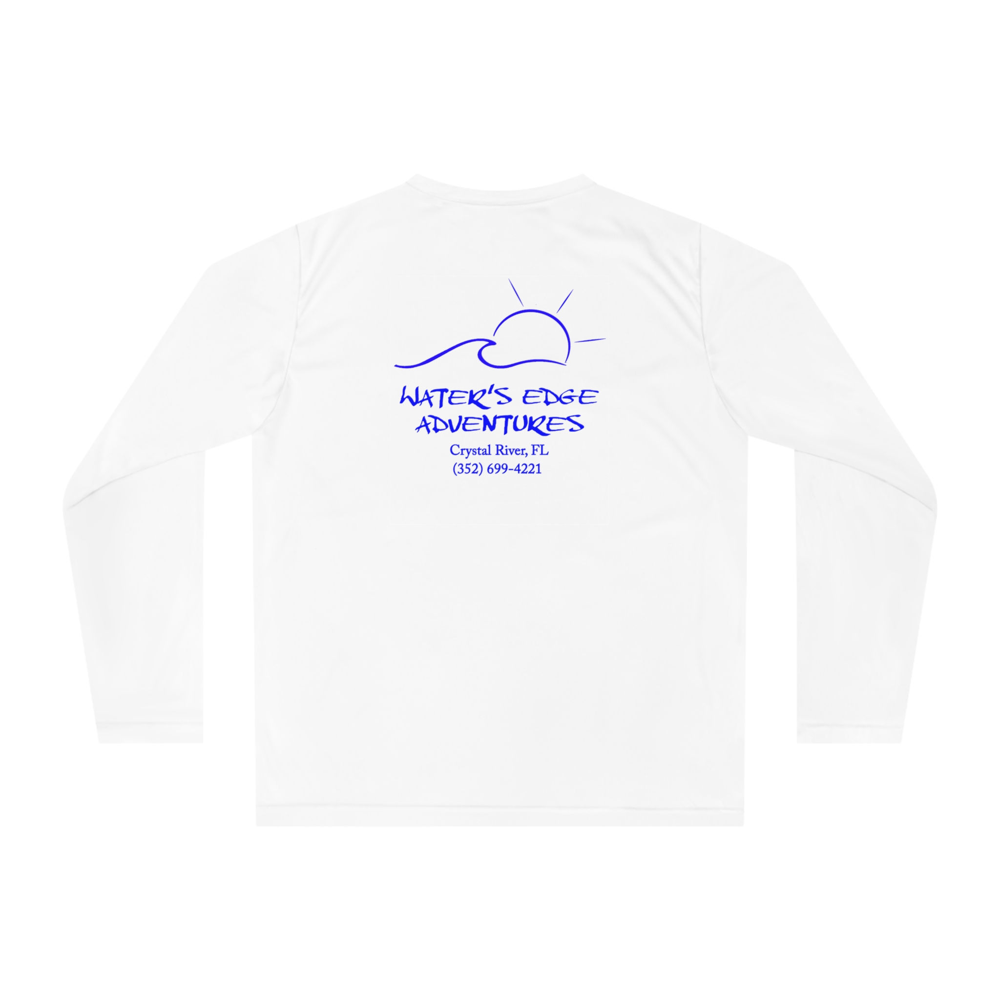 UPF 30 Long Sleeve White Shirt, with phone number, logo left chest and back