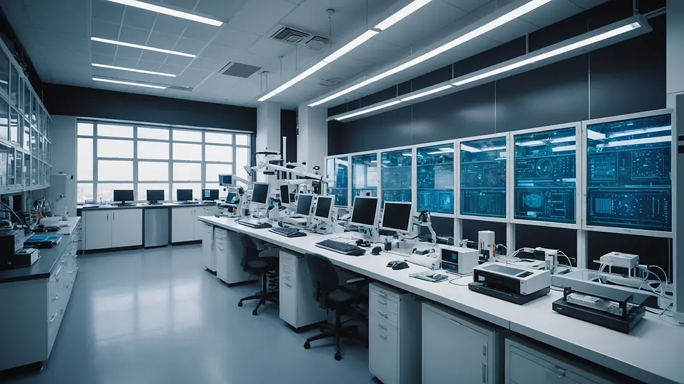 Eye-level view of a research lab with quantum computing apparatus