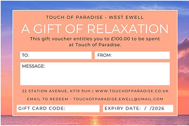 Touch of Paradise West Ewell gift card for beauty, massage, and relaxation – elegant peach tropical sunset design.