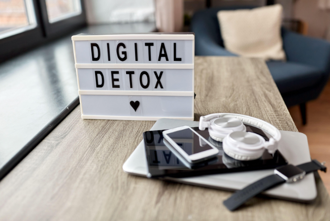 Digital detox display showing relaxation and screen-free self-care routine