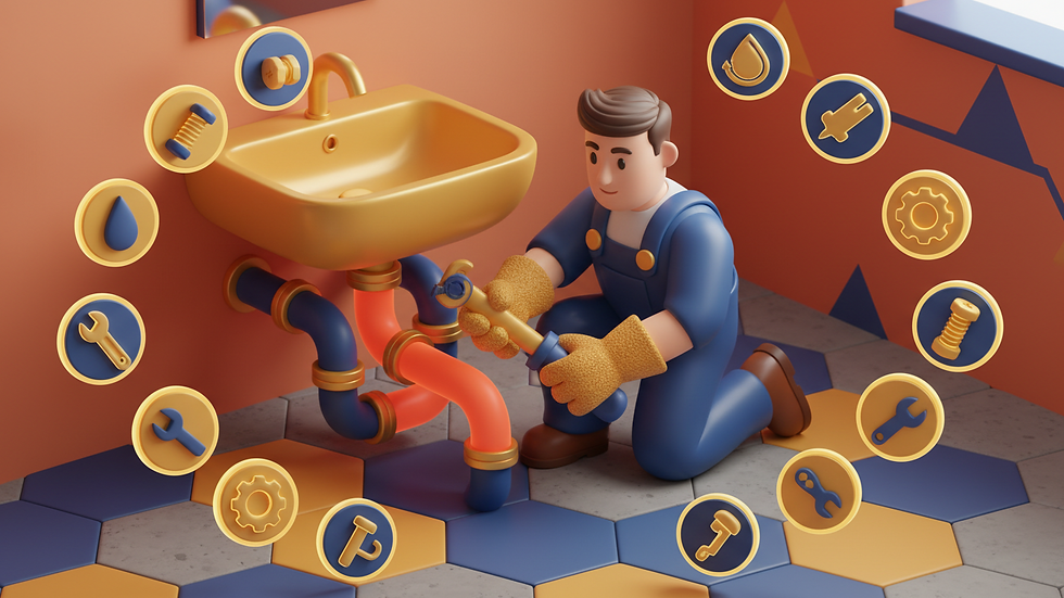 High angle view of a plumber using tools to fix a bathroom pipe