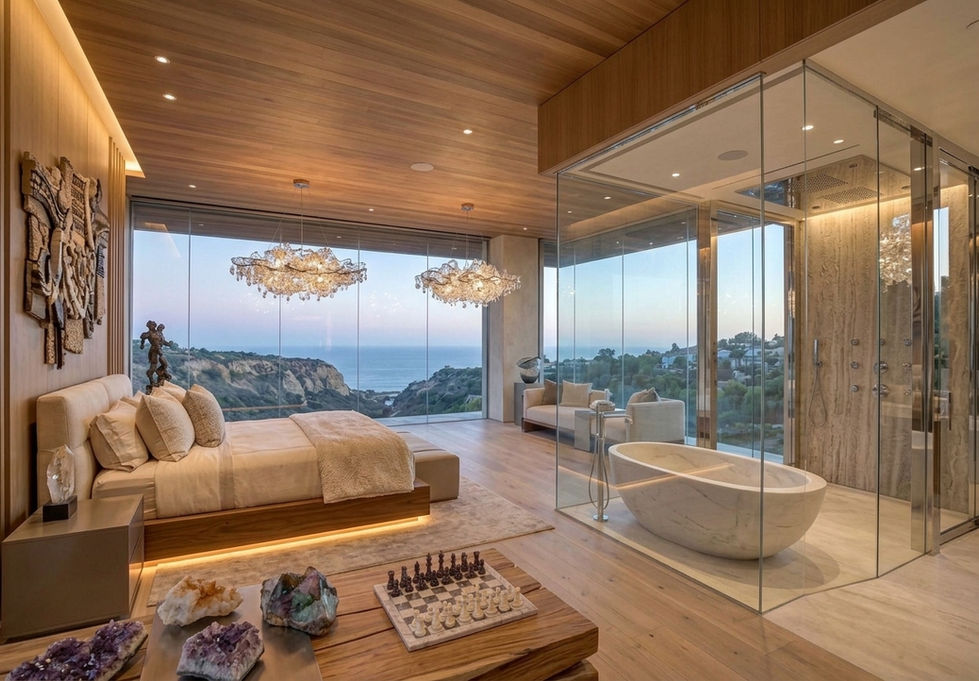 Modern bedroom with glass-walled bathroom and ocean view