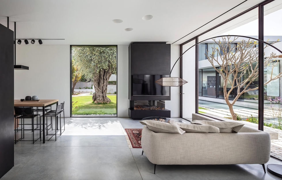 Modern interior design with minimalist living room and yard view