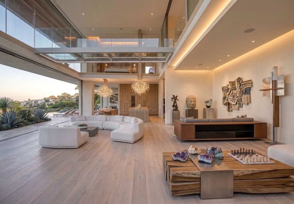Modern open-plan living room with wildfire rebuild design