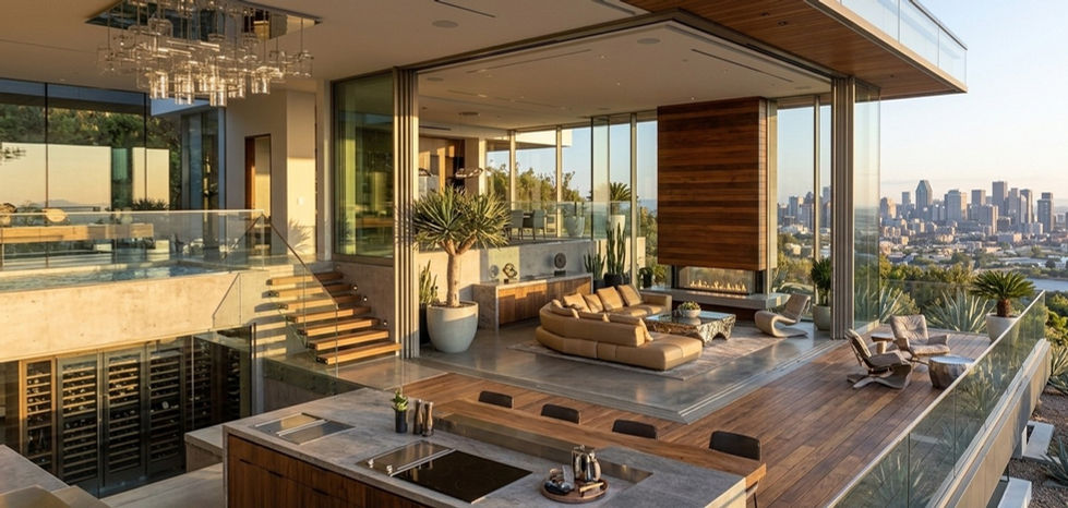 Modern open-plan interior design with city skyline view