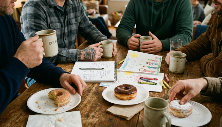 Close-up view of fathers sharing coffee and snacks during a casual group gathering