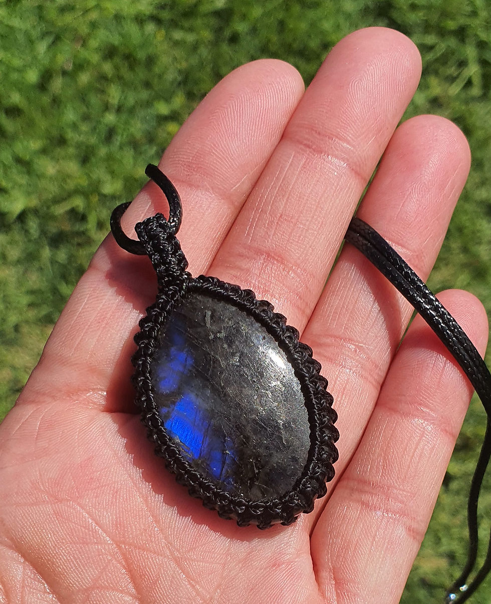 Thumbnail: Electric-blue flash labradorite macrame talisman necklace