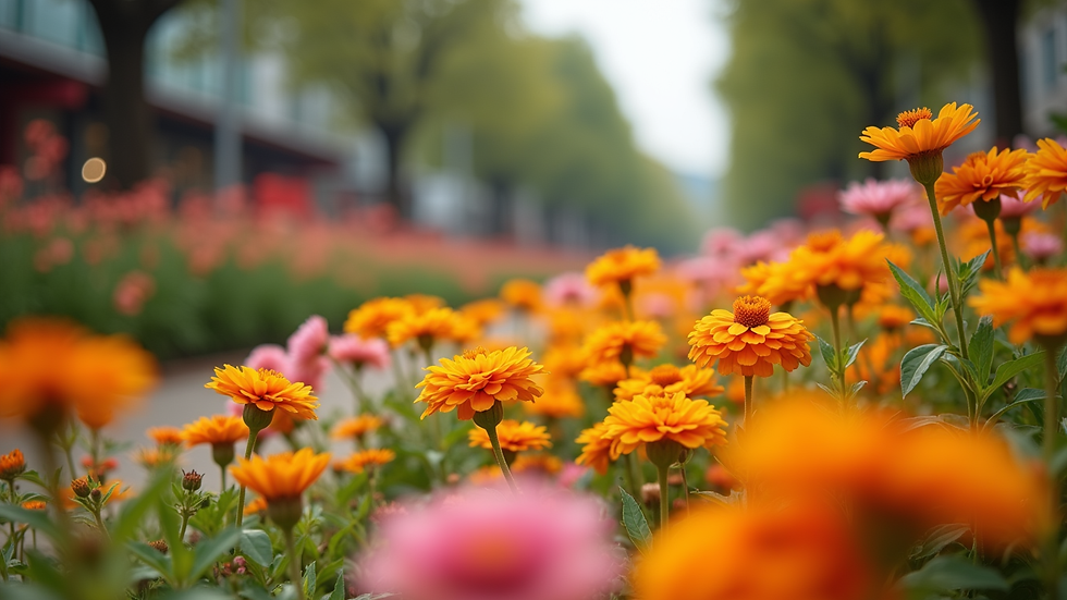 Eye-level view of a colorful outdoor setting with vibrant flowers
