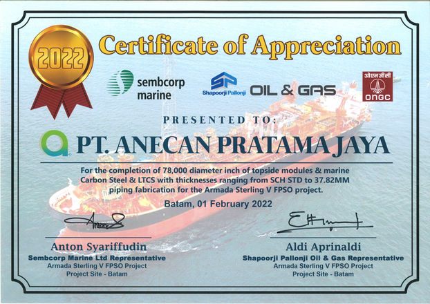 Certificate Of Appreciation awarded by Sembcorp Marine Ltd's representative and Shapoorji Pallonji Oil & Gas's representative for the completion of 78.000 diameter inch of topside modules & marine Carbon Steel & LTCS with thicknesses ranging from SCH STD to 37.82MM piping fabrication for the Armada Sterling V FPSO Project