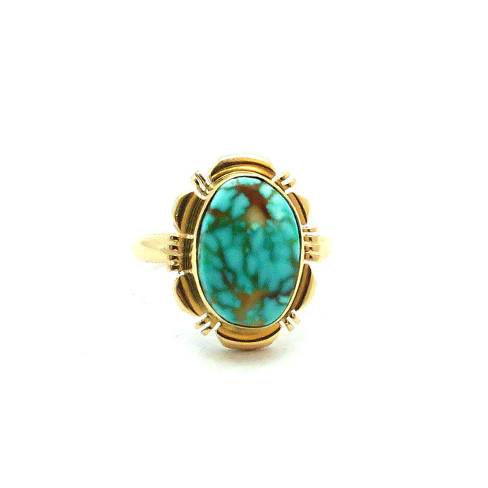 Thumbnail: Oval Lone Mountain Turquoise  14K Gold Ring #LON437