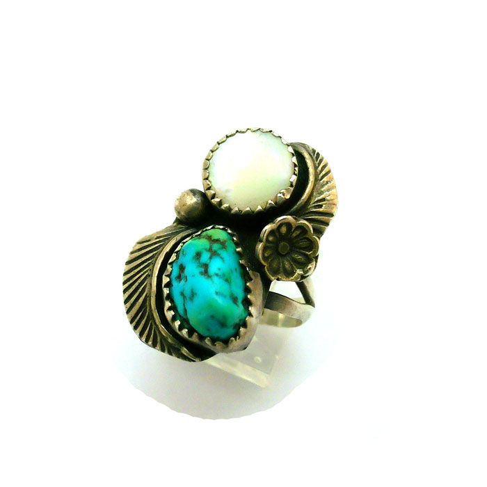 Thumbnail: Vintage Mother of Pearl & Turquoise Navajo Ring #MOT300