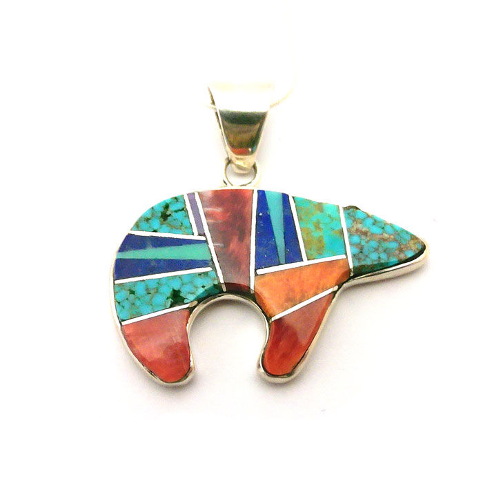 Thumbnail: Colorful Navajo Inlay Bear Pendant Necklace #JHB182