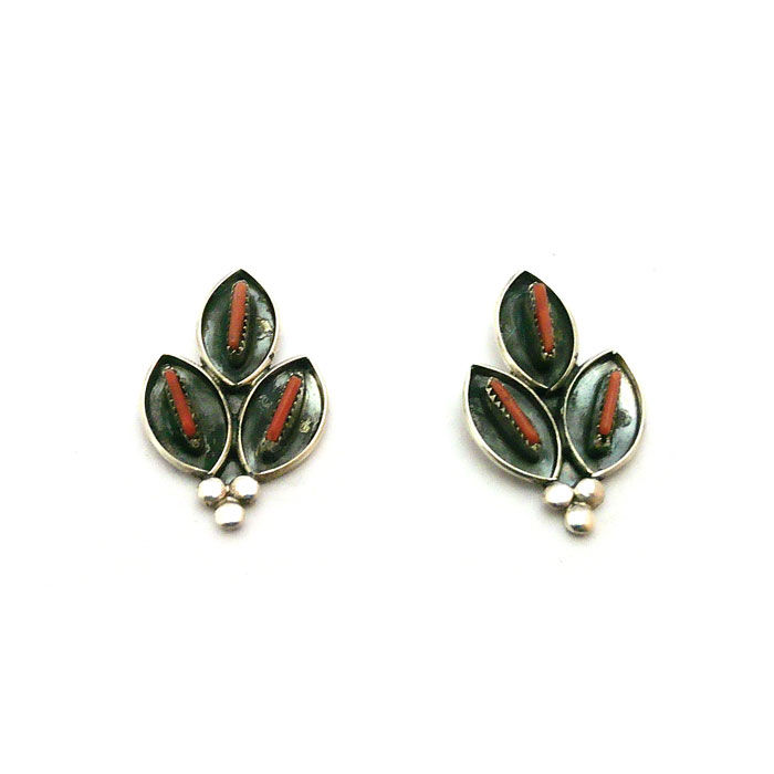 Thumbnail: Zuni Needle Point Red Coral Leaf Earrings #OTO426