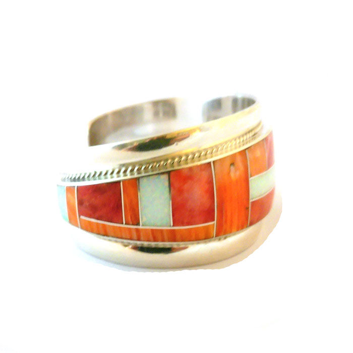 Thumbnail: Zuni Inlay Spiny Oyster & Fired Opal Cuff #FOS234