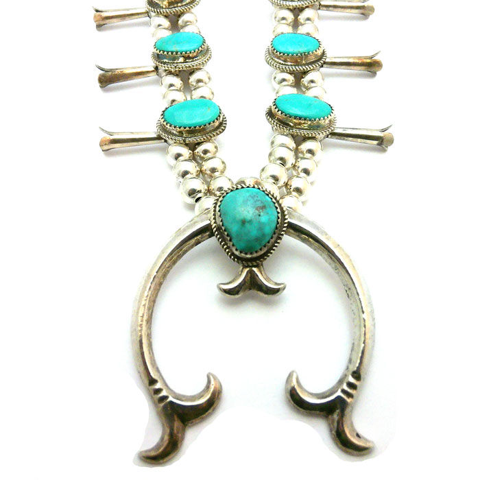 Thumbnail: Blue Ridge Turquoise Navajo Squash Blossom Necklace Set #LNS480