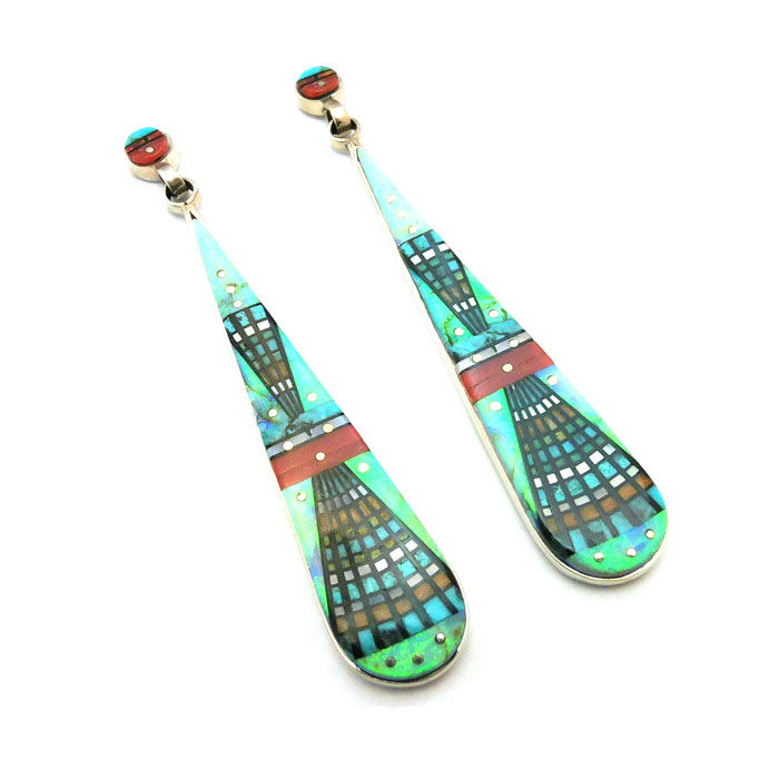 Erwin Tsosie Micro Inlay Long Dangle Yei Earrings #ERW946