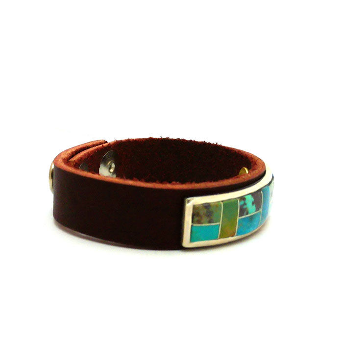 Thumbnail: Navajo Inlay Turquoise Leather Bracelet #RKT462