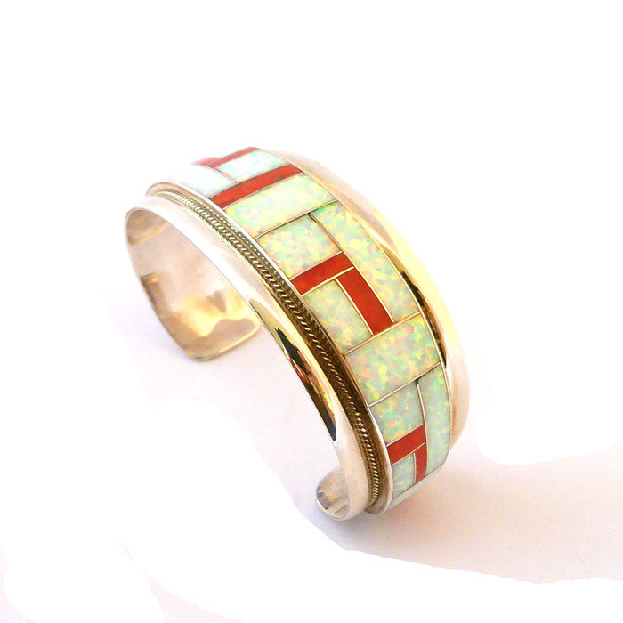 Thumbnail: Zuni Inlay Fired Opal and Red Coral Cuff #RGB105