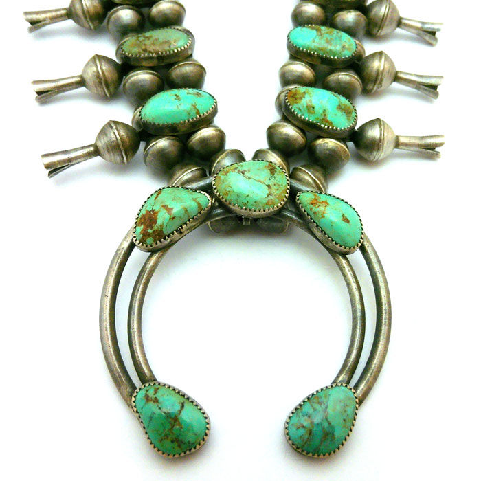 Thumbnail: Turquoise #8 Navajo Squash Blossom Necklace Set #JJS117