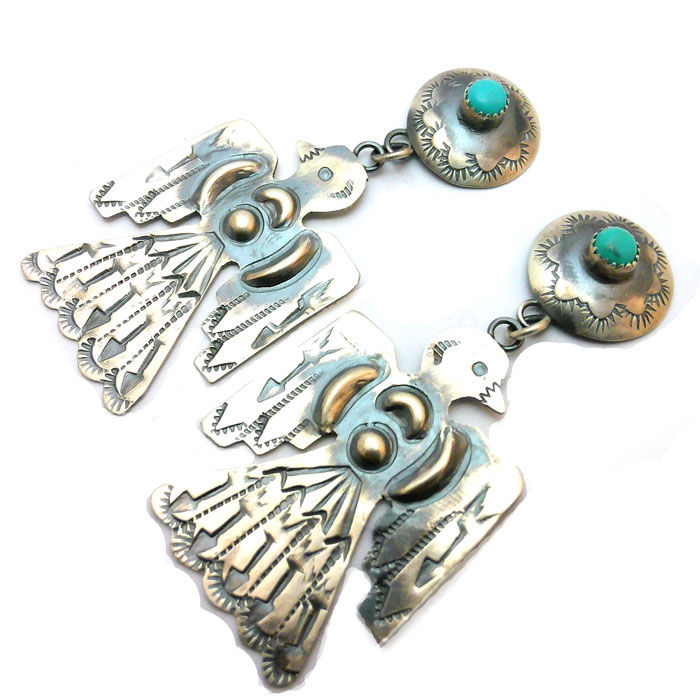 Thumbnail: Sterling Silver & Turquoise Thunderbird Earrings #BIR08