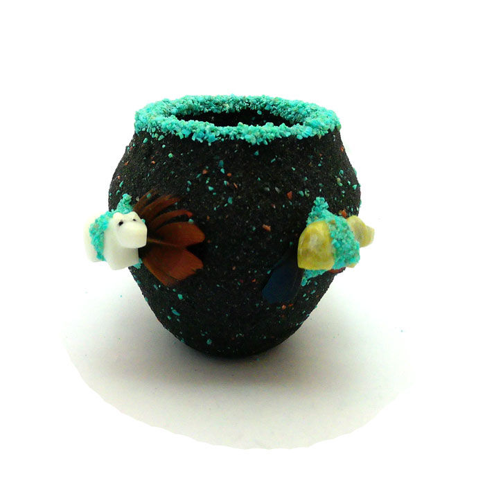 Thumbnail: Marvelita Phillips Small Zuni Black Jet & Turquoise Fetish Pot #MPB707