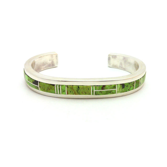 Thumbnail: Sterling Silver Navajo Inlay Thick Gaspeite Cuff #TFG166