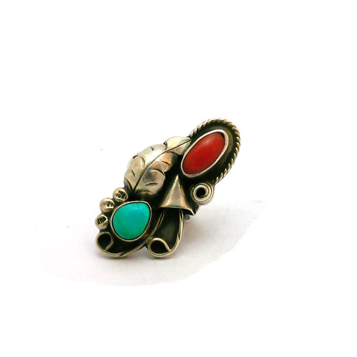 Thumbnail: Vintage Navajo Red Coral & Turquoise Long Ring #VRB486