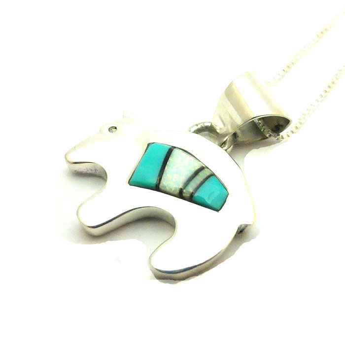 Thumbnail: Inlay Turquoise & Fire Opal Small Bear Necklace #BET552
