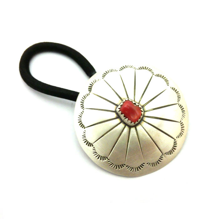 Red Coral & Sterling Silver Navajo Hair Tie #RCH255