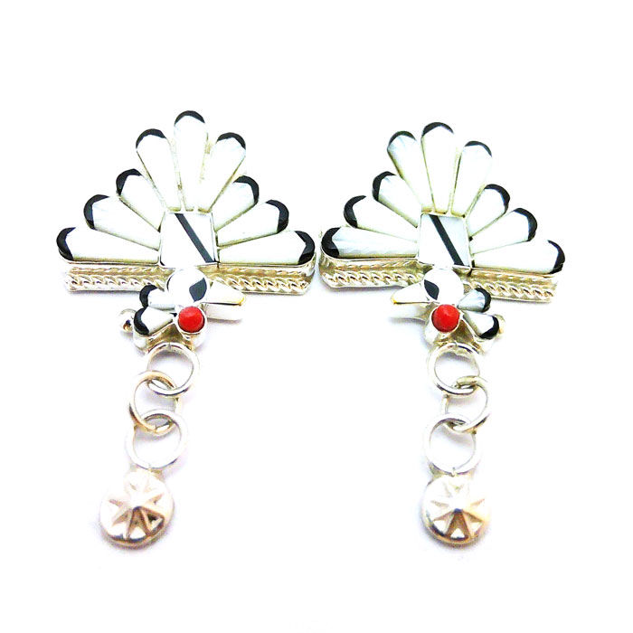 Thumbnail: Mother Of Pearl & Black Jet Zuni Thunderbird Dangle Earrings #MGP132#