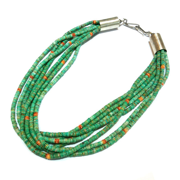 Thumbnail: Santo Domingo Pueblo 7 Strand Turquoise & Spiny Oyster Necklace #SDP442