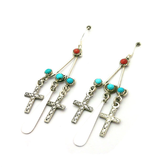 Thumbnail: Sterling Silver Dangle Zuni Earrings W/Crosses #SAN391