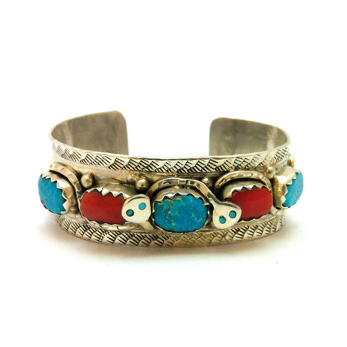 Thumbnail: Effie Calavaza Red Coral & Turquoise Snake Cuff #EFZ371