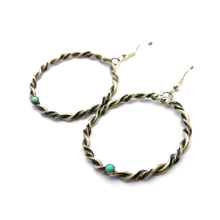 Thumbnail: Navajo Large Sterling Silver & Turquoise Dangle Hoops #BTH568