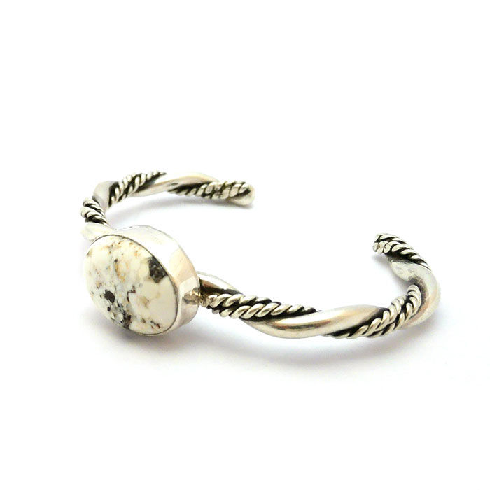 Thumbnail: Twisted Sterling Silver White Buffalo Turquoise Cuff #TWI334