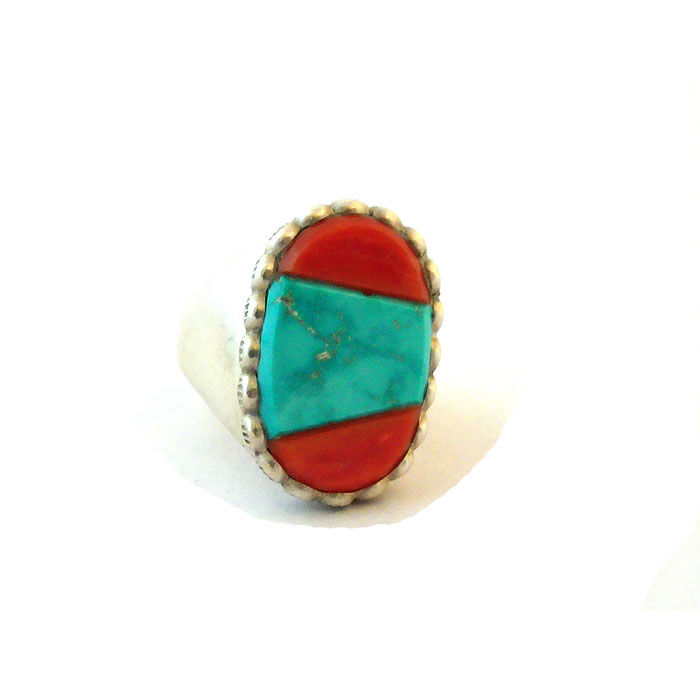 Thumbnail: Vintage Red Coral & Turquoise Ring #RCT102